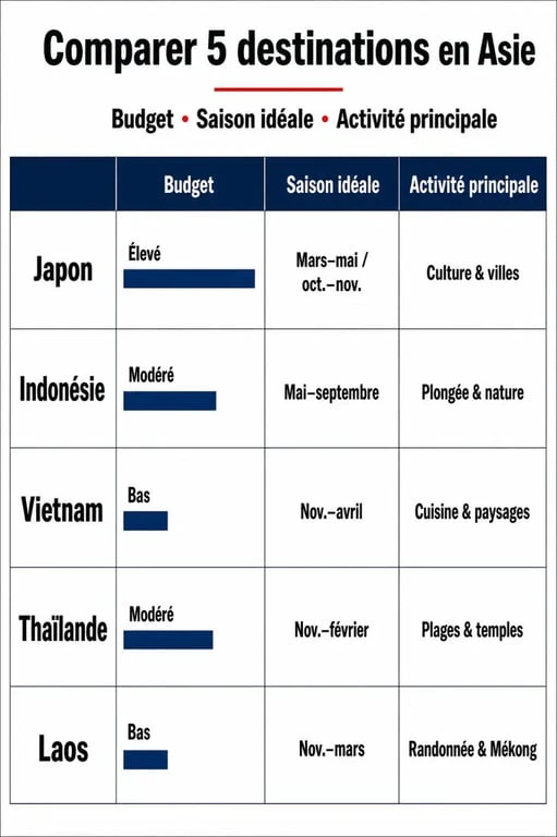 Infographie comparative des meilleures destinations en Asie pour choisir quel pays visiter selon son budget et ses envies.