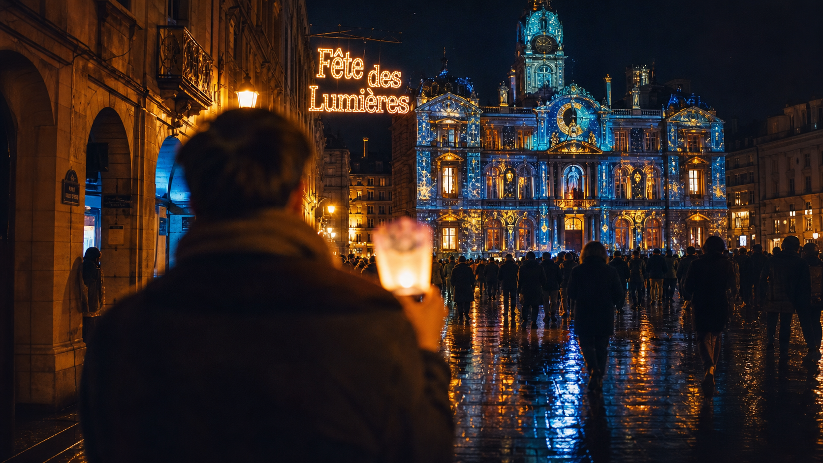 fetes lumieres lyon : rue de Lyon illuminée, luminions et foule
