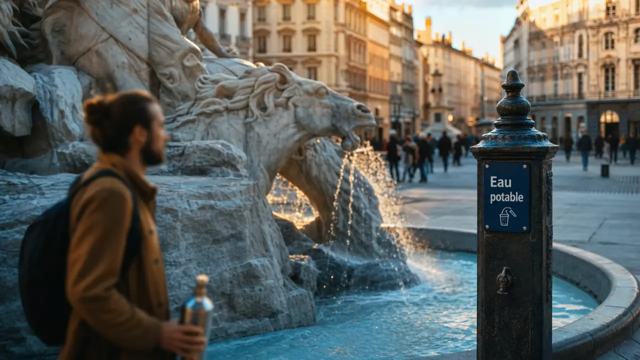 Fontaine lyon eau potable Bartholdi, jets et bassin