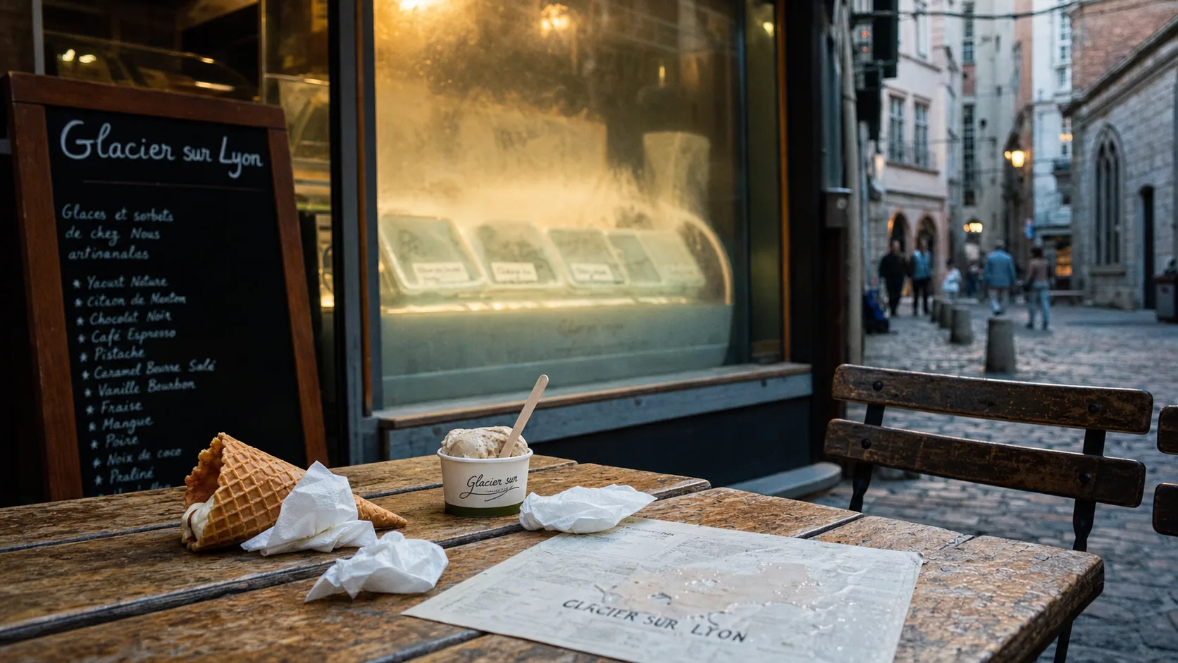 Glacier sur lyon : cornet et glace devant une terrasse à Vieux-Lyon