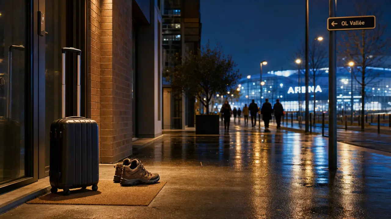 Hôtel proche ldlc arena lyon à Décines, entrée et trottoir humide la nuit