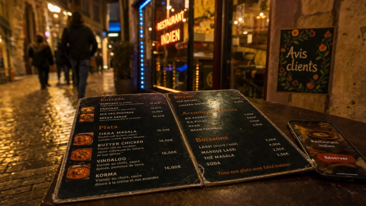 Indian restaurants lyon : restaurant indien près de Bellecour et Jean Macé, menu et vitrine