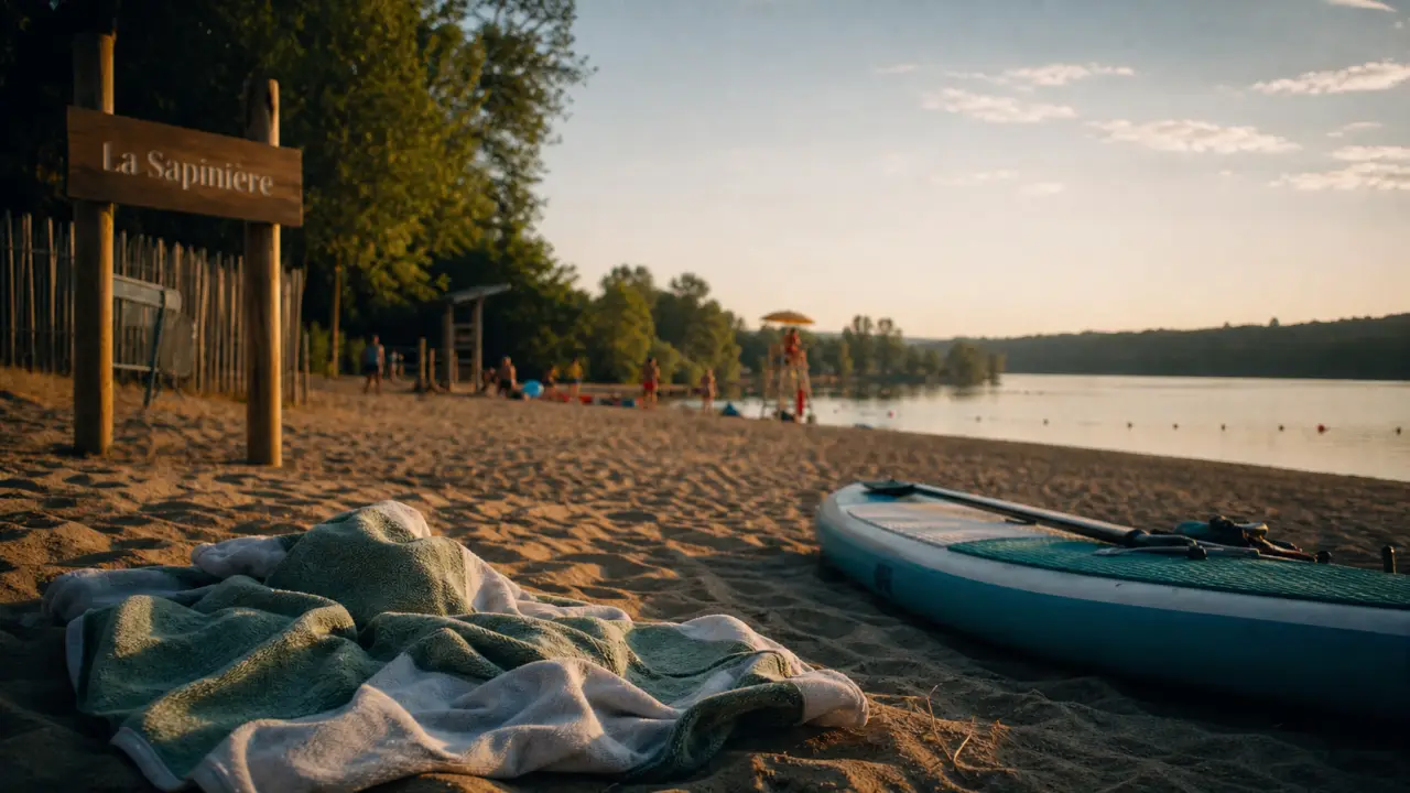 miribel la sapinière au bord du lac Miribel-Jonage, serviette et paddle, plage surveillée
