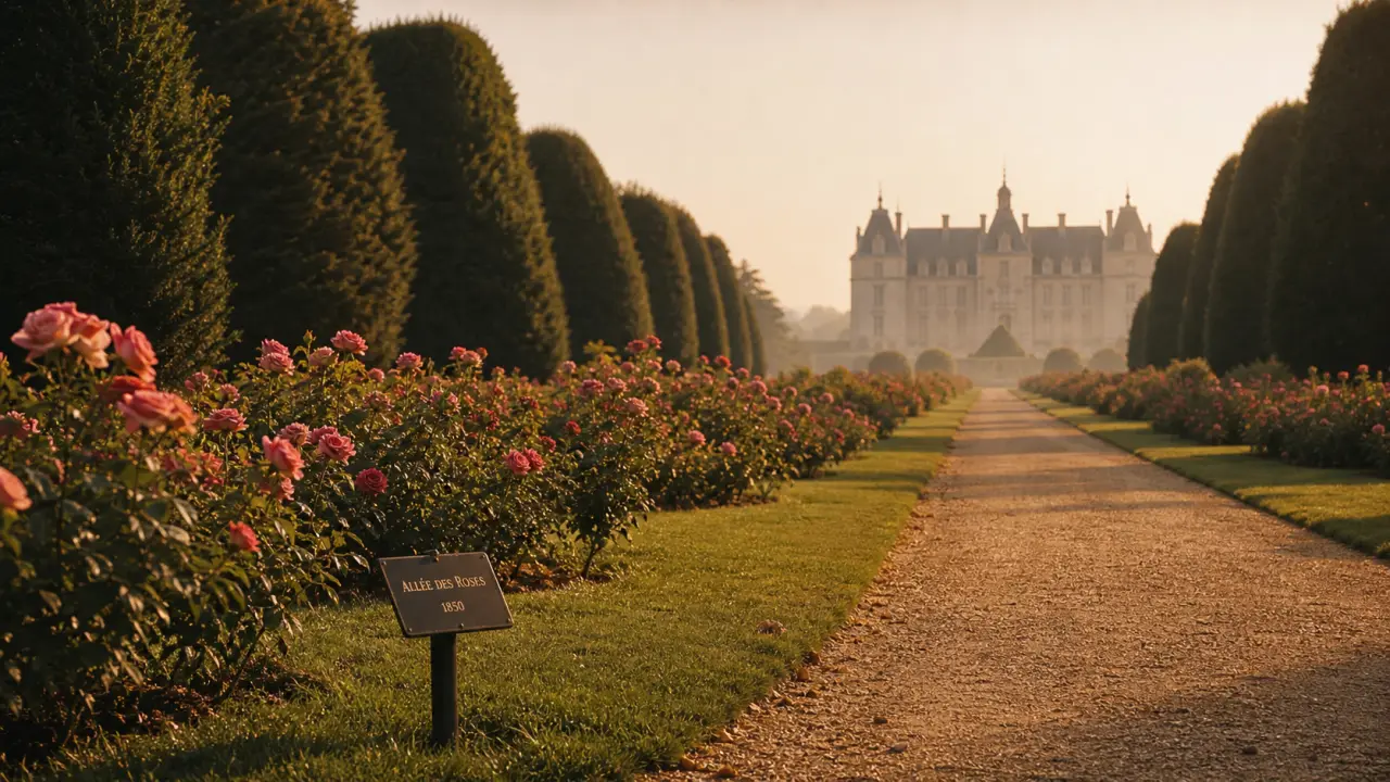 Parc du château de saint-priest : allée bordée d’ifs et rosiers en fleurs
