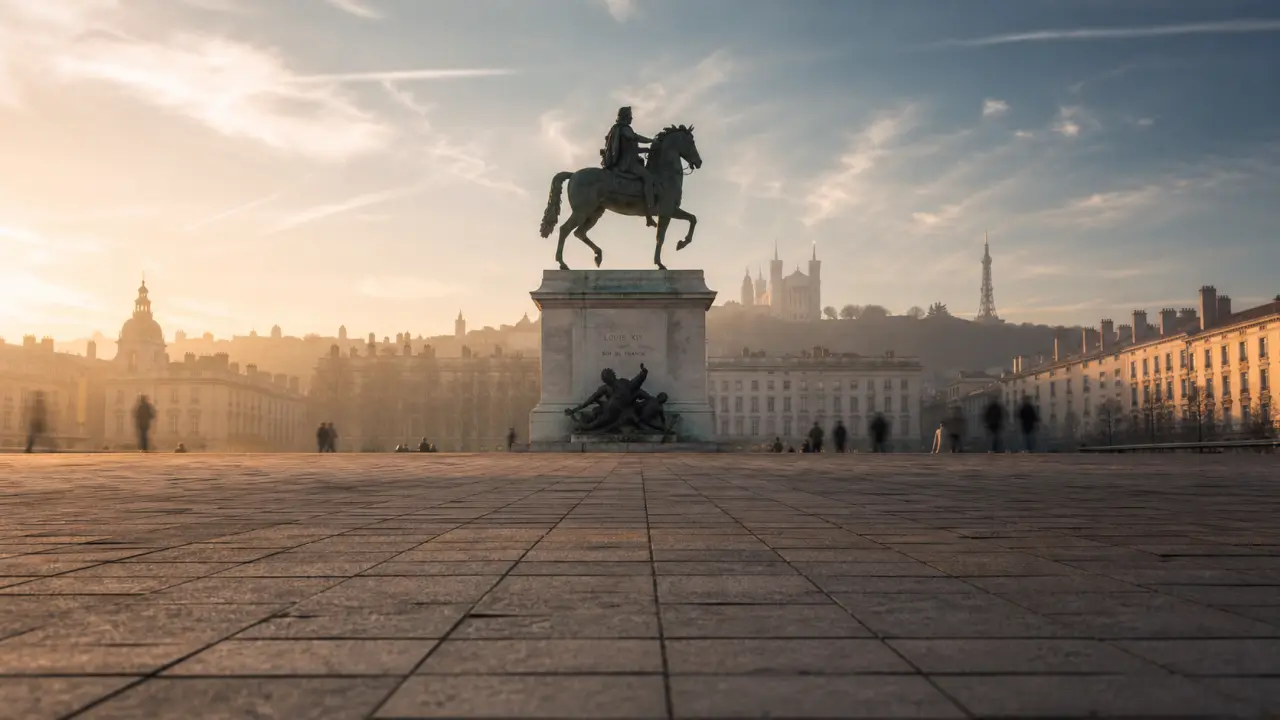 Place Bellecour Lyon, vue avec statues et kilomètre zéro