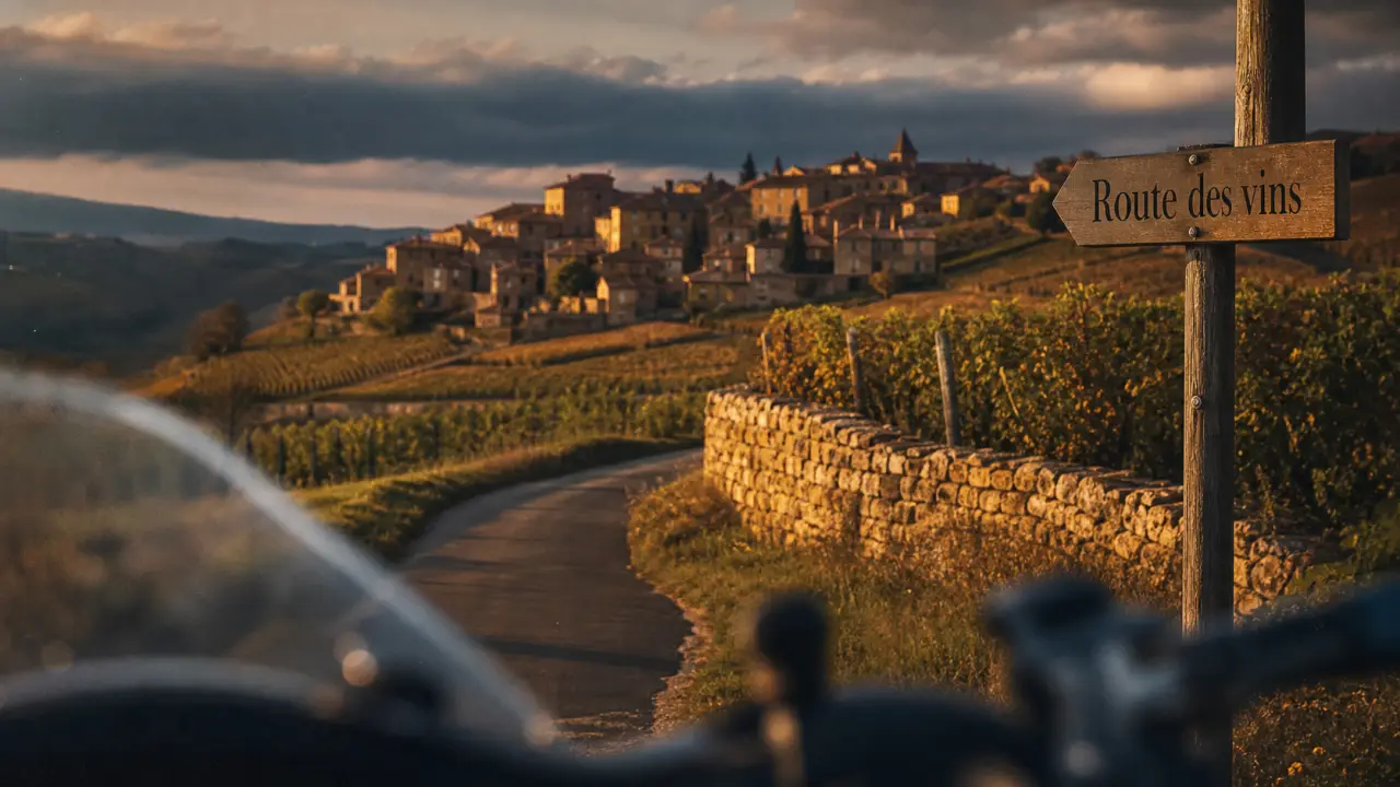 Route des vins beaujolais : vignobles de Gamay et village d’Oingt
