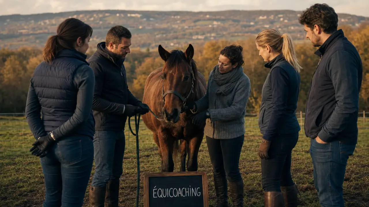 Team building cheval Lyon : équipe en cercle avec un cheval, équicoaching plein air