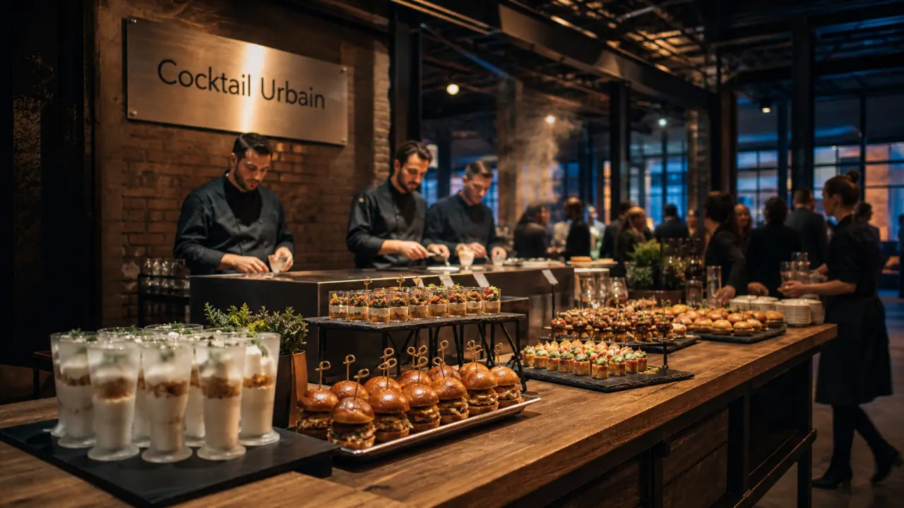 Traiteur original entreprise Lyon : buffet food court en loft industriel