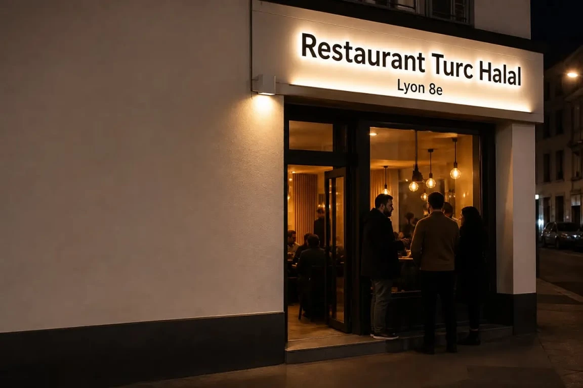 Reyna restaurant lyon, façade du restaurant turc halal à Lyon 8e en soirée
