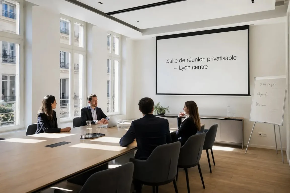 Salle de réunion Your Place Lyon privatisée au centre-ville avec table de conférence et écran