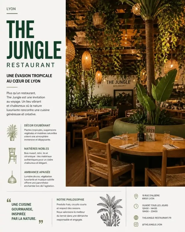 Décoration tropicale immersive du restaurant The Jungle à Lyon