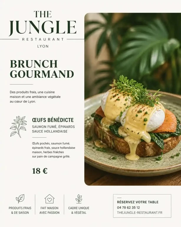 Brunch gourmand chez The Jungle Restaurant Lyon avec œufs pochés et décor tropical