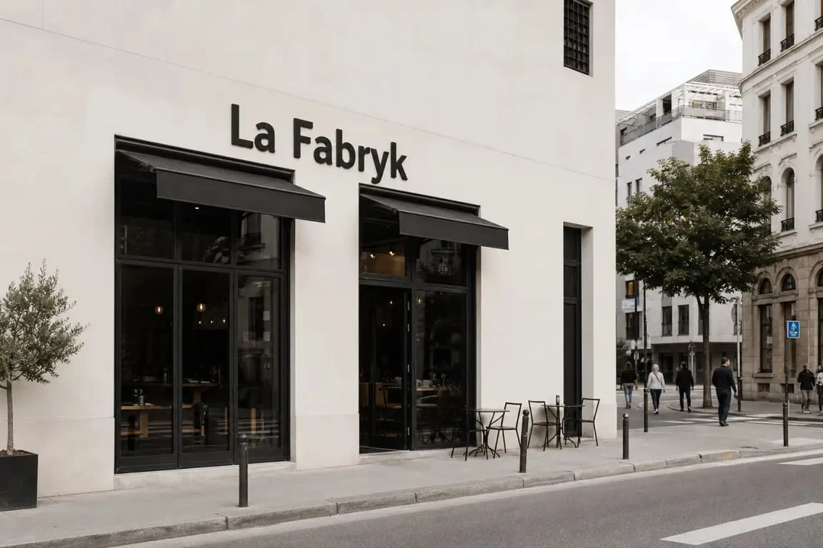 La Fabryk Lyon restaurant - façade de la brasserie à Lyon 8 dans un cadre urbain identifiable