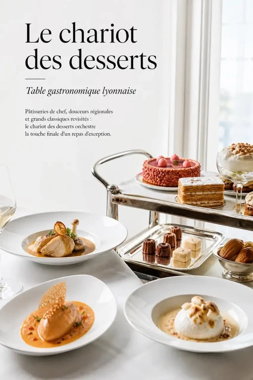 Restaurant Vatel Lyon : chariot de desserts et plats signatures