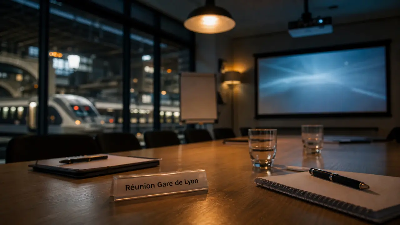 salle de réunion gare lyon : table, paperboard et écran TV