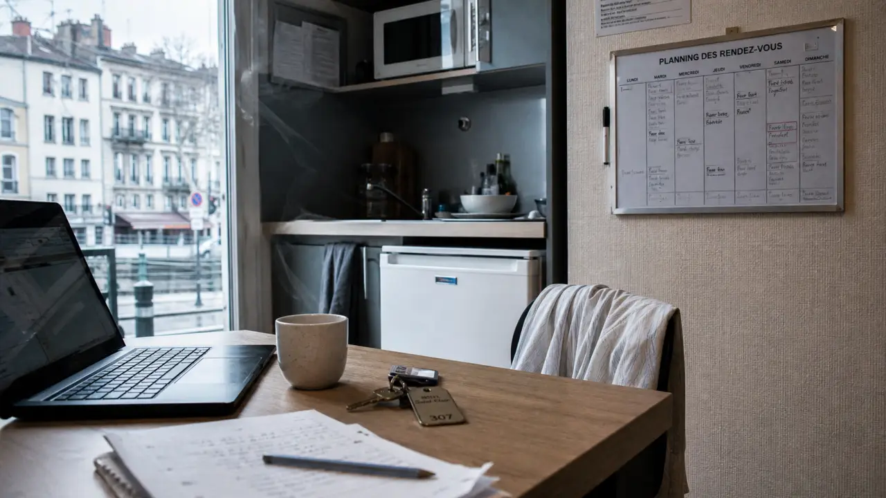 Séjour affaires lyon : table de travail et kitchenette dans un appart’hôtel
