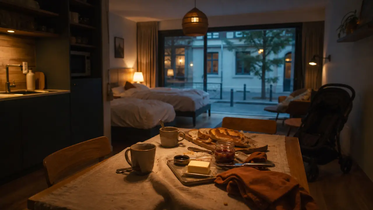 Séjour famille Lyon : intérieur d’un appart-hôtel calme, kitchenette et lits