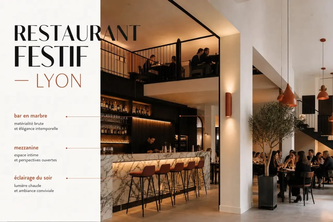 Ambiance intérieure du kaia restaurant lyon avec bar en marbre et mezzanine