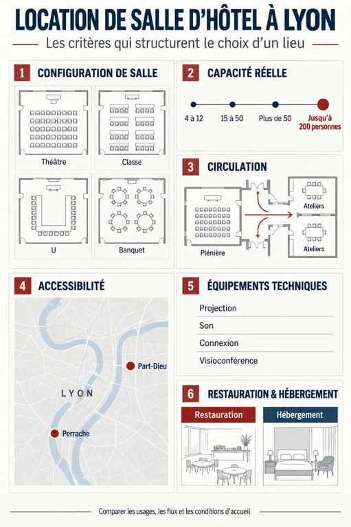 Location salle hotel Lyon : critères de capacité, configuration et accessibilité