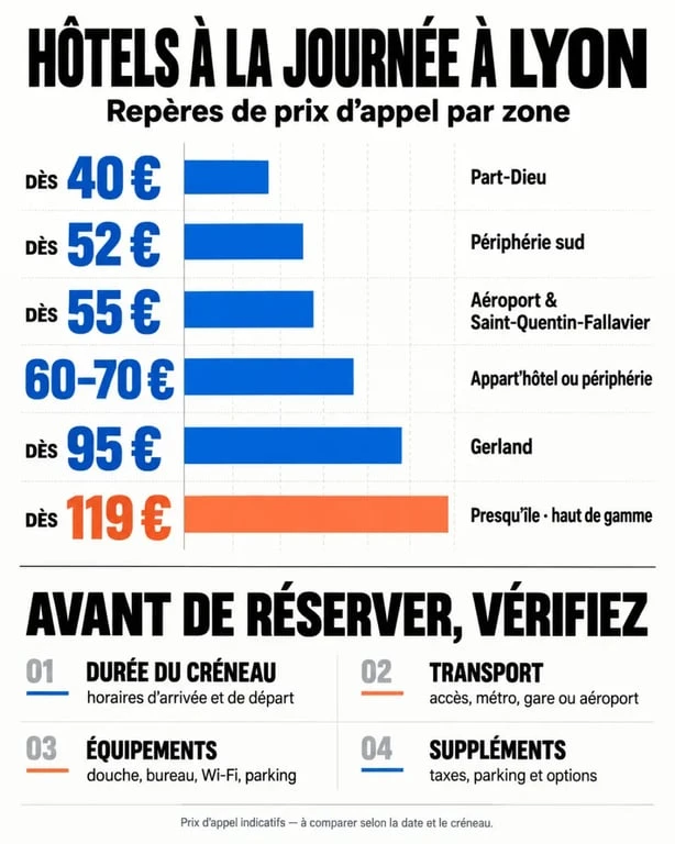 Infographie des prix d’un hôtel à la journée à Lyon pas cher selon les quartiers