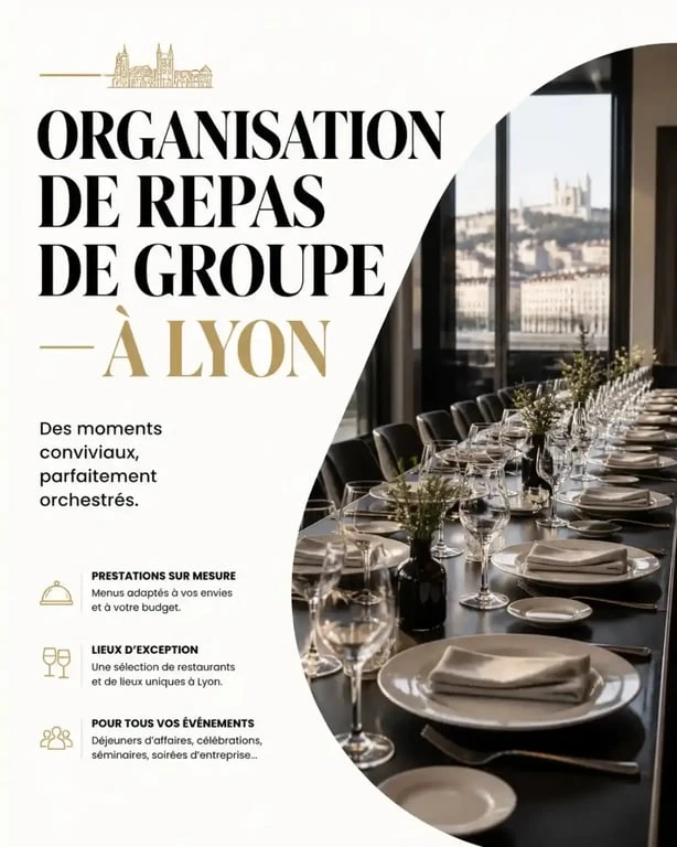 Table dressée pour un grand groupe dans un restaurant à Lyon pour un événement professionnel ou privé