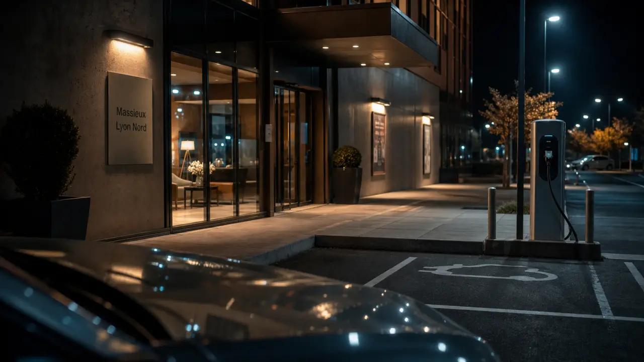 hotel massieux lyon nord, entrée moderne et parking éclairé près de l’A46