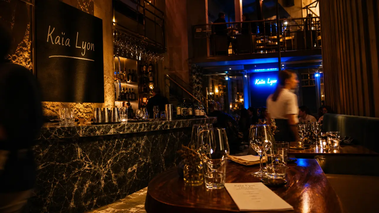 Kaia restaurant lyon : bar en marbre et mezzanine, intérieur