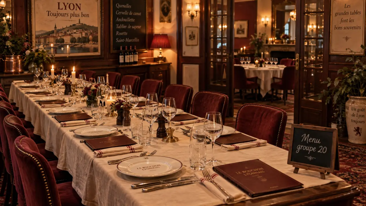 Restaurant lyon groupe 20 personnes : salle et menu