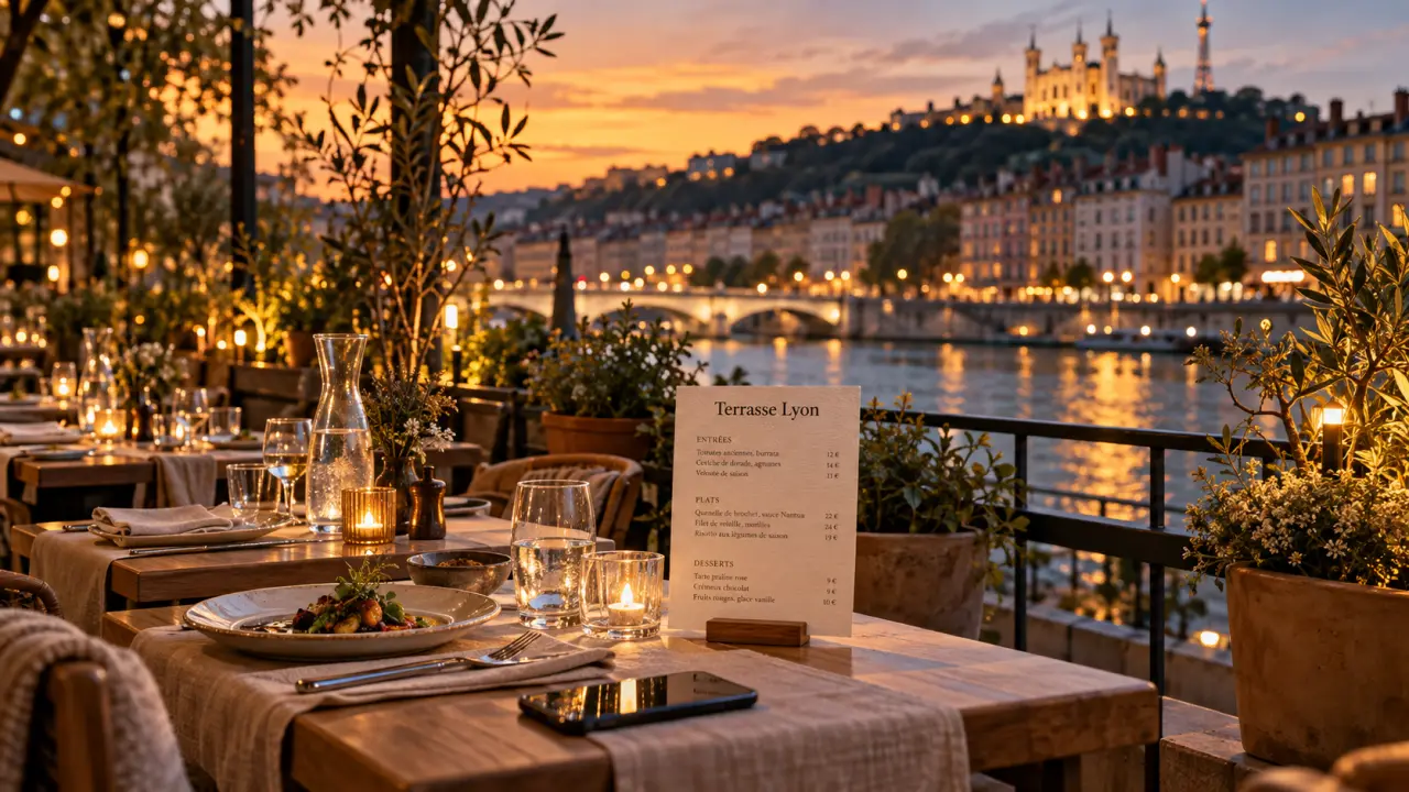 Restaurant terrasse autour de Lyon à l’heure dorée, tables et plantes en pot