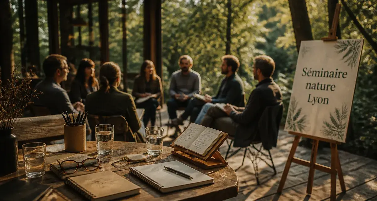 Séminaire nature lyon : équipe en réunion près d’un jardin boisé