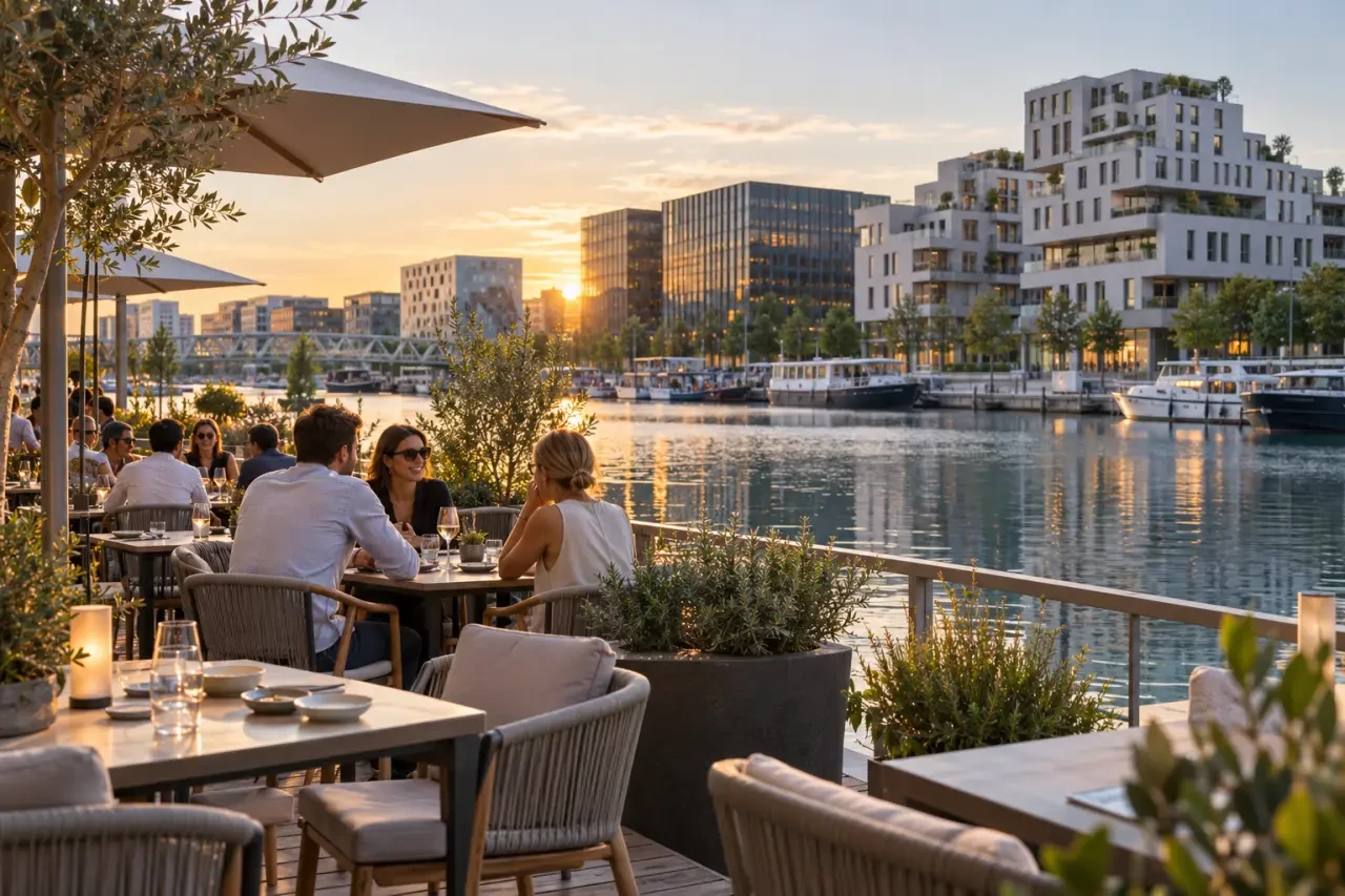 Restaurant Lyon Confluence terrasse avec vue sur la marina et la darse