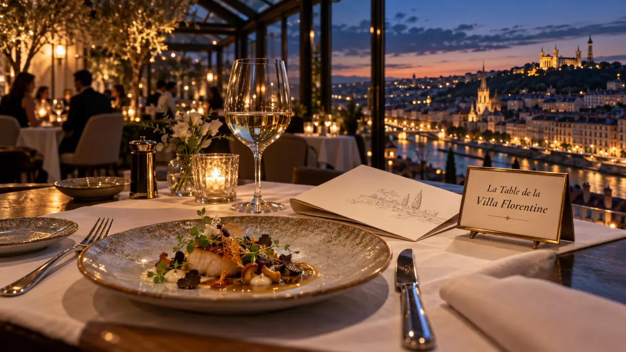 Les terrasse de lyon restaurant : vue Vieux Lyon depuis la salle au crépuscule