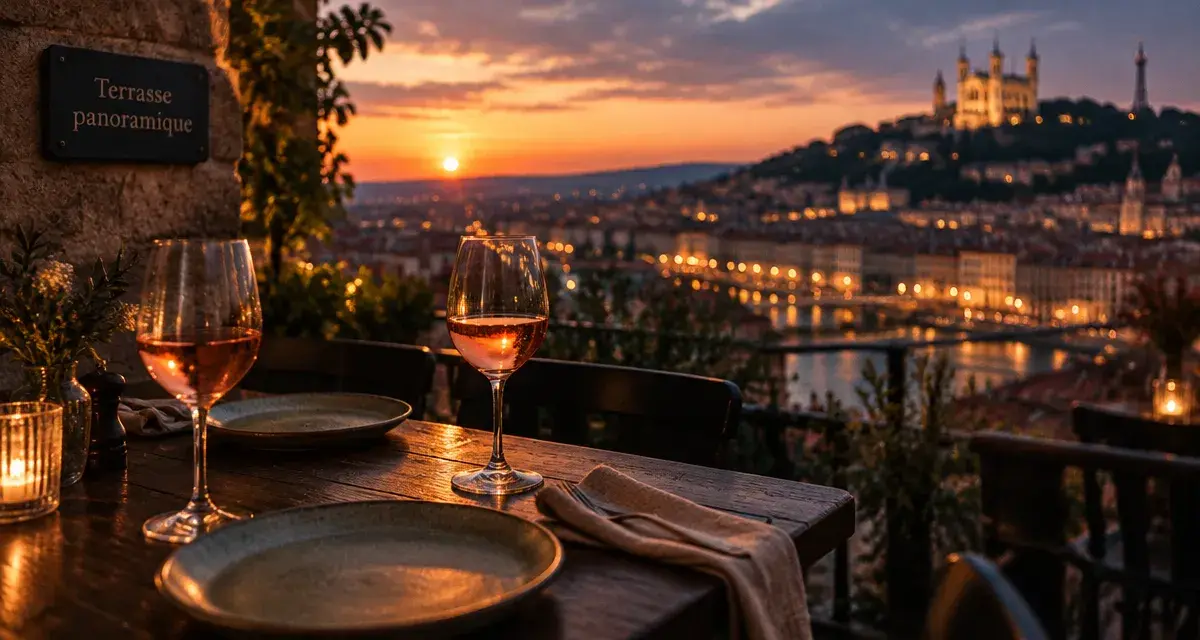 Lyon restaurant terrasse vue sur Fourvière au coucher du soleil
