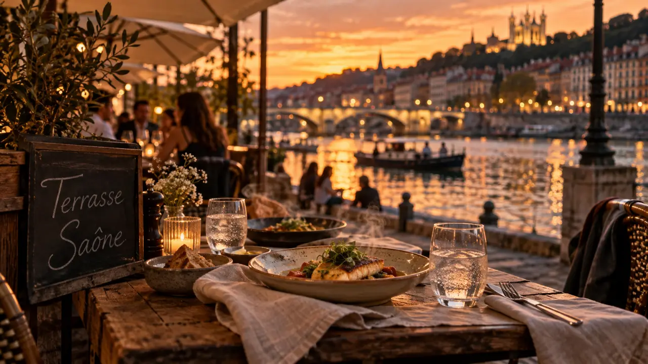 Restaurant belle terrasse Lyon sur les quais de la Saône, vue coucher du soleil