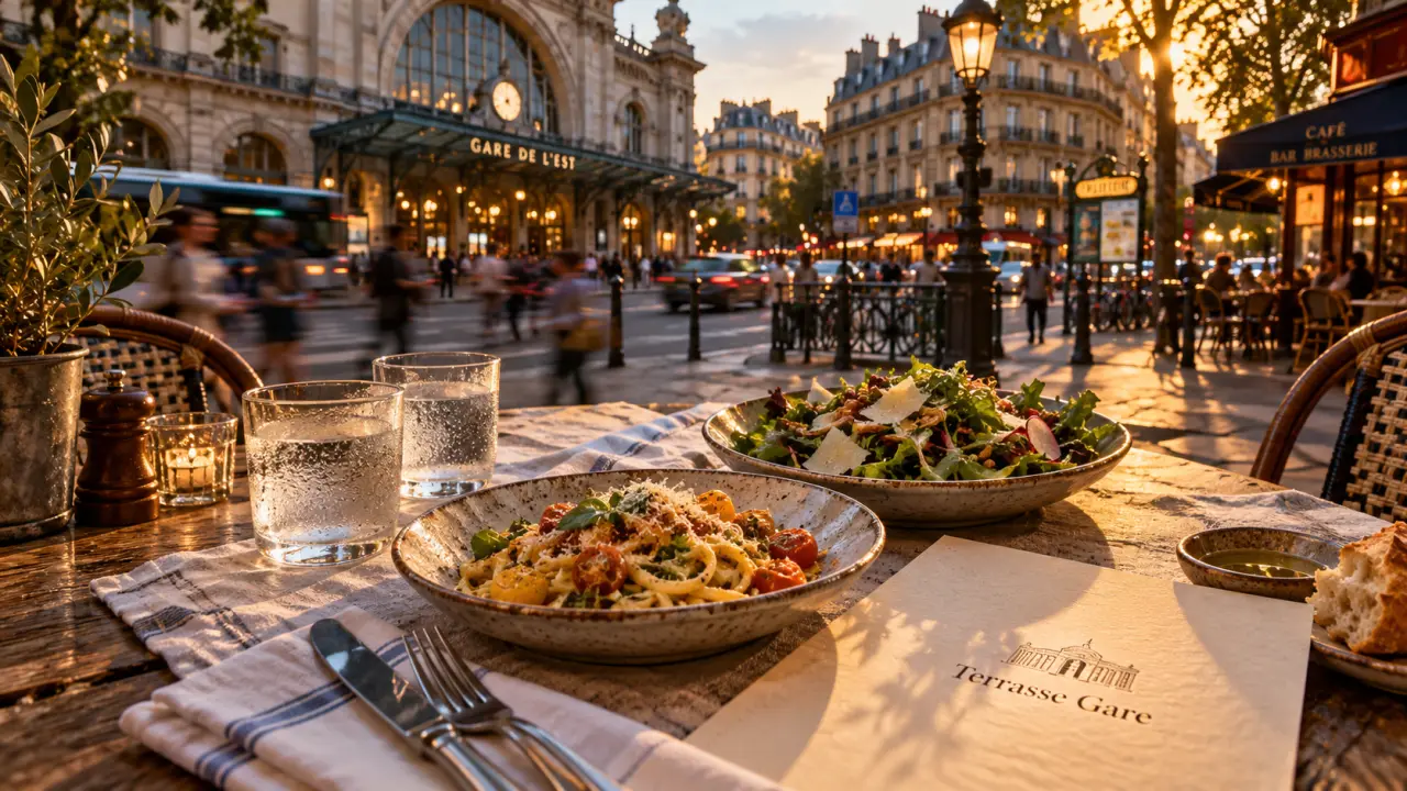 Restaurant gare de Lyon terrasse près du train, table en terrasse
