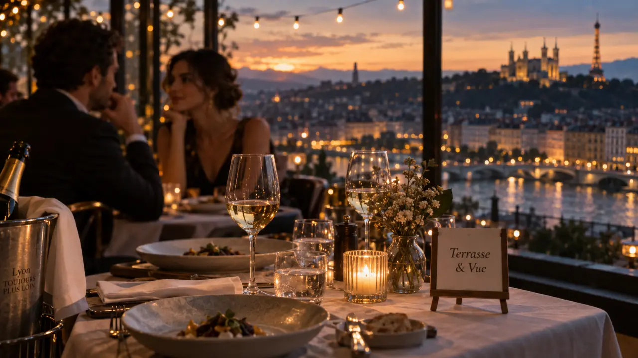 Restaurant gastronomique lyon avec terrasse panoramique, vue sur la ville au coucher du soleil