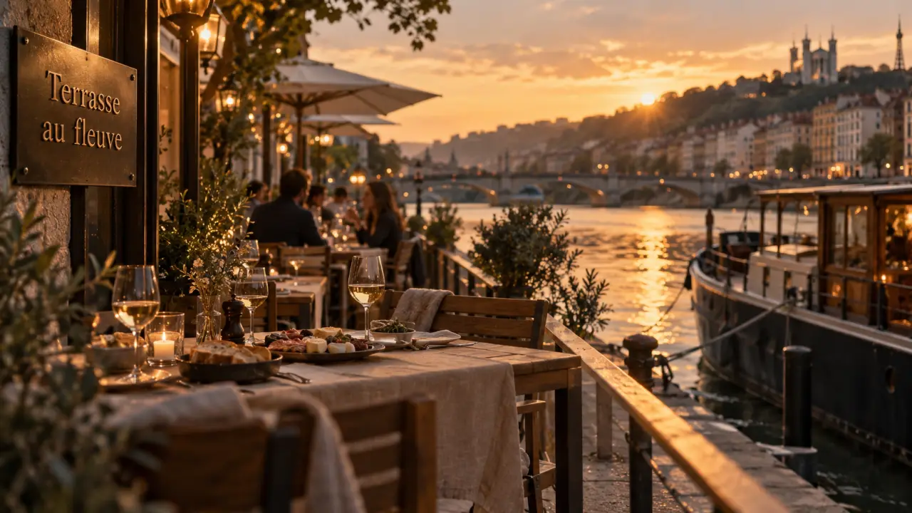 Restaurant lyon terrasse bord de leau sur les quais de Lyon, golden hour