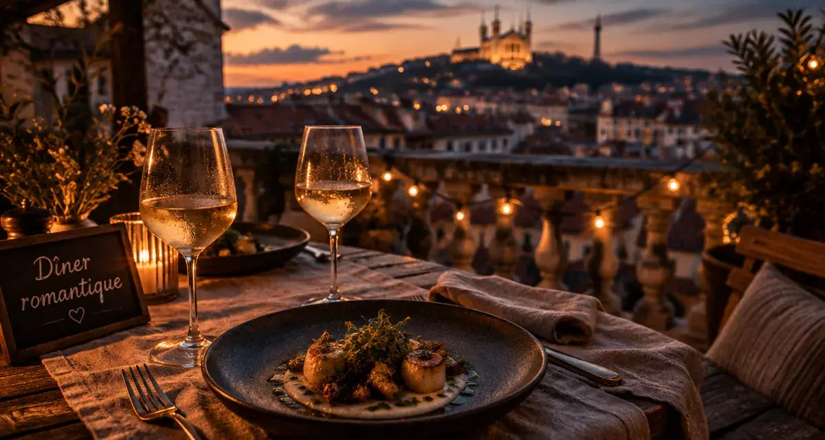 Restaurant romantique lyon terrasse avec vue sur Fourvière, dîner intime.