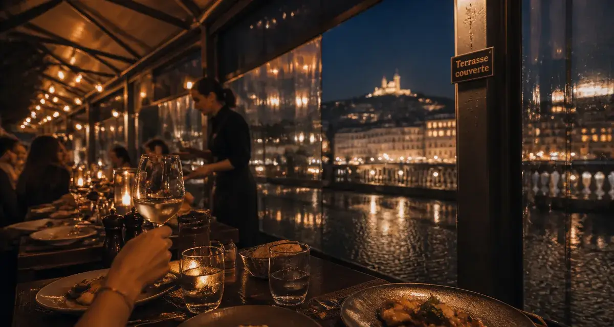 Restaurant terrasse couverte Lyon, table sous verrière