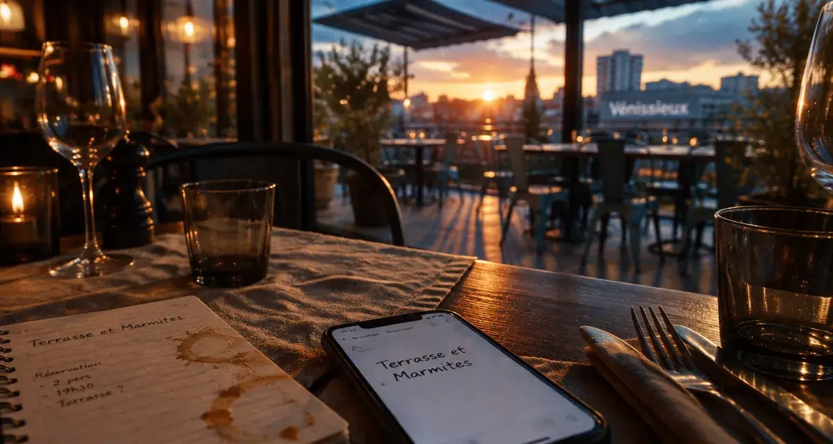 Restaurant terrasse et marmite lyon : table et vue terrasse urbaine à Vénissieux