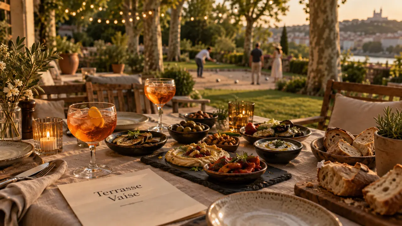 restaurant terrasse lyon 9 : Terrasse Vaise avec vue Saône, tables et guirlandes
