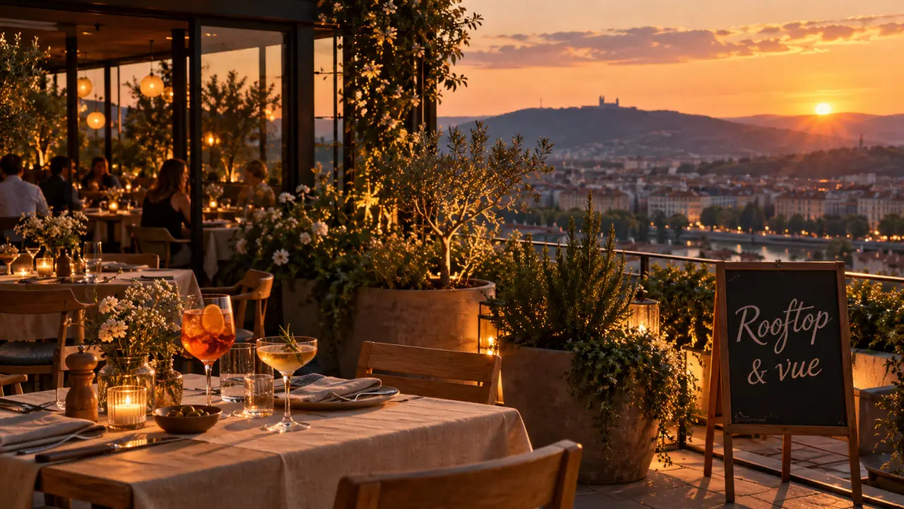 Restaurant terrasse sainte foy les lyon : vue rooftop avec tables et cocktails
